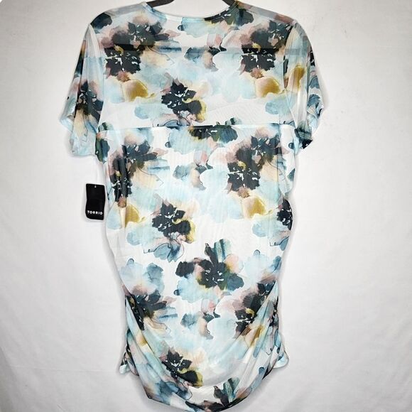 3X 22W 24W Torrid Blue Floral Stretch Mesh Crew Neck Ruched Top Sweetheart blue - Picture 5 of 7